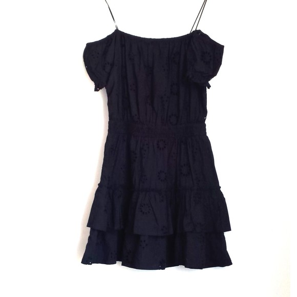 Aqua Black Eyelet Tiered Peasant Cover-up Dress Swim NEW Puff sleeve Medium - Picture 2 of 8